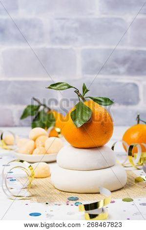 Traditional Japanese Kagami Mochi For New Year Celebration. Sweet Rice Cakes For Luck In New Year