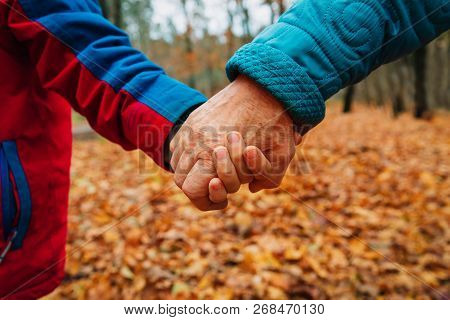 Grandmother Holding Grandchild Hand In Fall Nature