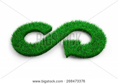 Eco And Circular Economy Concept. The Green Grass In Form Of Arrow Infinity Recycling Symbol On Whit