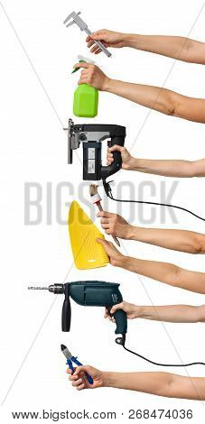 Set Of The Tools For Home Repair In Hands On White Background, Vertical