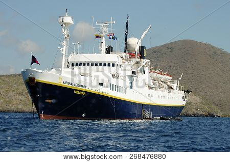 Floreana, Galapagos - April 27, 2009:  Ms National Geographic Endeavour Expedition Ship Seen Off The