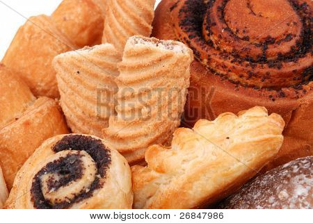 Closeup Hintergrund von Variuos Süße Brötchen und Kuchen