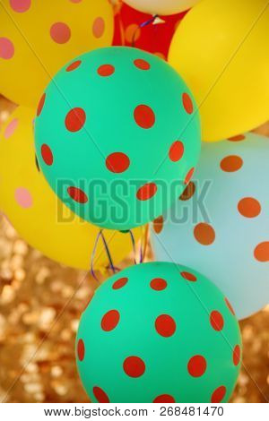 Helium Balloons. Colorful helium balloons. Floating away in the blue sky. Birthday Balloons. Party Time.