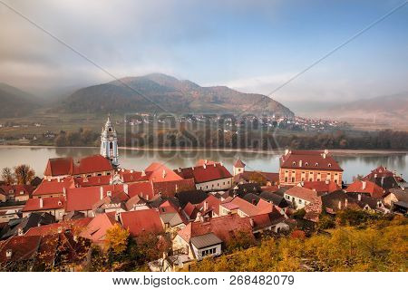 Panorama Of Duernstein Village With Castle During Autumn In Austria