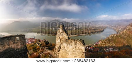 Panorama Of Duernstein Village With Castle During Autumn In Austria