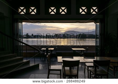 Riverside Bar Restaurant View At Sunset In Kampot Town Cambodia