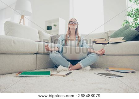 Om Sign Symbol Gesture She Her People Person Concept. Low Angle Close Up View Photo Portrait Of Seri