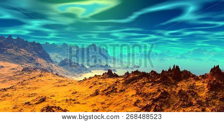 Alien Planet. Mountain And  Water. 3D Rendering