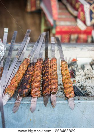 Turkish Adana/urfa Kebab Getting Ready To Be Grilled In Display