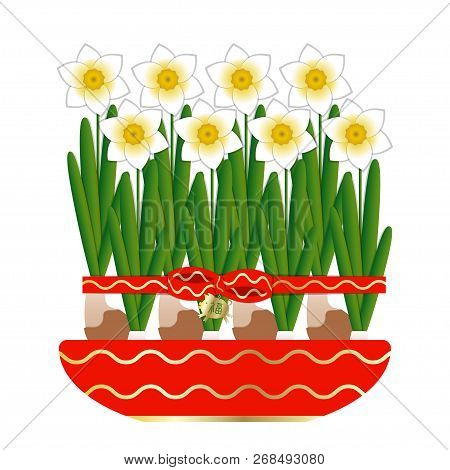 Chinese New Year. 8 Narcissus Bloom In A Ceramic Pot. Tied With A Red Ribbon With A Bow. Pendant Pig