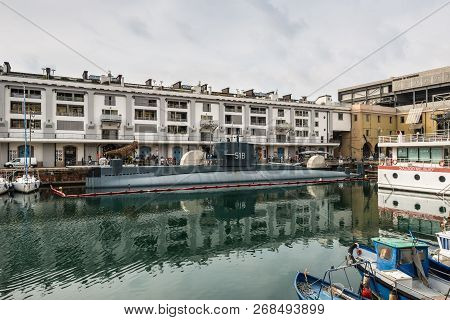Genoa (genova), Italy - October 28, 2017: Nazario Sauro 518 Submarine Is A Diesel-powered Submarine 