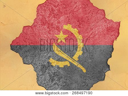 Flag Of Angola In Big Broken Material Concrete Cracked Hole Facade Structure