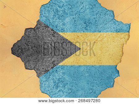 Flag Of Bahamas In Big Broken Material Concrete Cracked Hole Facade Structure