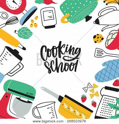 Square Banner Template Decorated By Various Kitchen Utensils, Kitchenware Or Tools For Food Preparat