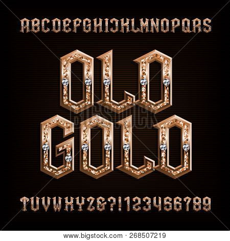 Old Gold Alphabet Font. Ornate Golden Letters And Numbers With Diamonds. Stock Vector Typescript For