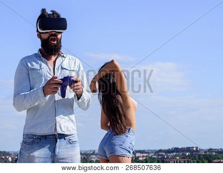 Gamer Addicted Play Cyber Reality. Cyber Addiction Concept. Guy Play Sex Cyber Game. Man Bearded Hip