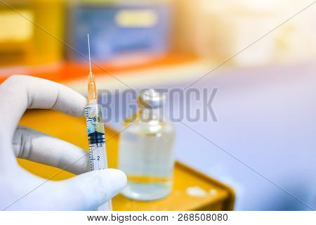 Medical Hand Glove Blue Molding Vial Vaccine Hypodermic Needle Syringe Injection Treatment.lab Since