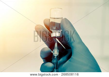 Medical Hand Glove Blue Molding Vial Vaccine Hypodermic Needle Syringe Injection Treatment.lab Since