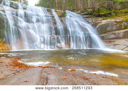 Mumlava Waterfall In Autumn, Harrachov, Giant Mountains, Krkonose National Park, Czech Republic.