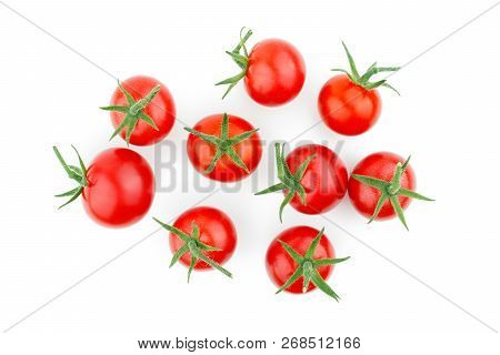 Cherry Tomatoes With Green Stem Isolated On White Background, Top View
