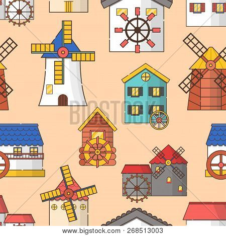 Vector Illustration With Set Of Cartoon Flat Windmills And Watermills Of Different Types Isolated On
