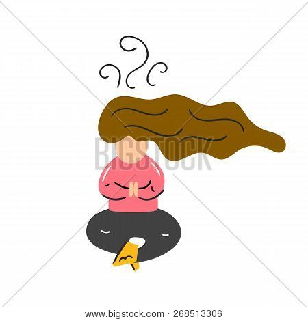 Vector Illustration With Young Woman Meditating With Crossed Legs. Relaxation Concept. T-shirt, Cup,