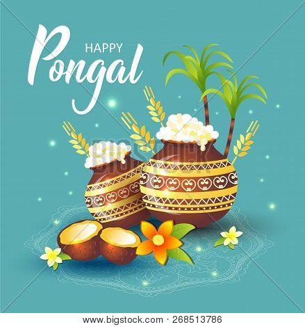 Illustration Of Happy Pongal Holiday Harvest Festival Of Tamil Nadu South India. Greeting Background