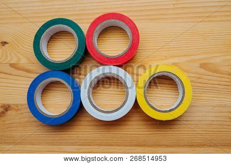 Color Rolls Of Gaffer Tape, Duct Tape, On A Wood Background