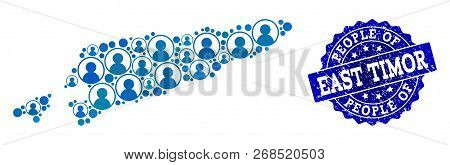 People Composition Of Blue Population Map Of East Timor And Rubber Stamp. Vector Watermark With Dist
