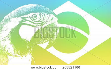 Brazil Flag Illustration With An Arara Bird. Ecological, Patriotic Concept.