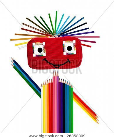 feliz chico colorido de portachupete y lápices de colores