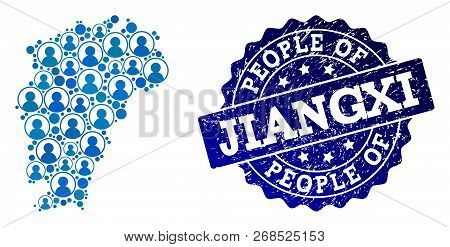 People Combination Of Blue Population Map Of Jiangxi Province And Corroded Seal. Vector Seal With Co