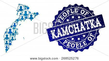 People Composition Of Blue Population Map Of Kamchatka Peninsula And Unclean Seal Stamp. Vector Wate