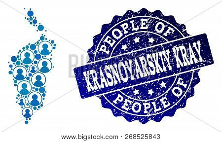 People Collage Of Blue Population Map Of Krasnoyarskiy Kray And Textured Seal. Vector Seal With Grun