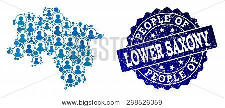 People Composition Of Blue Population Map Of Lower Saxony State And Scratched Seal. Vector Seal With