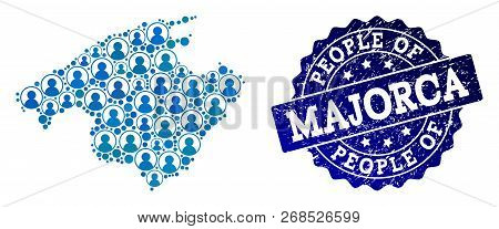 People Combination Of Blue Population Map Of Majorca And Corroded Stamp. Vector Watermark With Corro