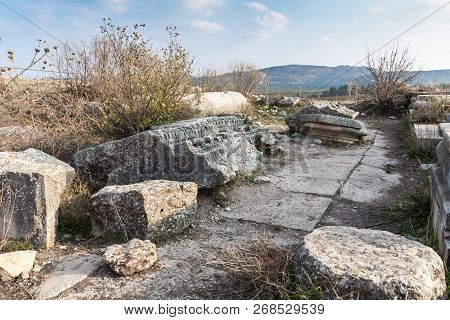 The Remains Of The Columns On The Ruins Of The Destroyed Roman Temple, Located In The Fortified City