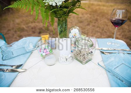 Wedding Decoration In Forest. Rustic Wedding Ceremony In Forest. Vintage Decoration In Forest.