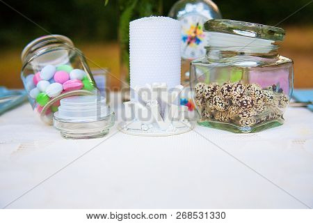 Wedding Decoration In Forest. Rustic Wedding Ceremony In Forest. Vintage Decoration In Forest.