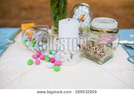 Wedding Decoration In Forest. Rustic Wedding Ceremony In Forest. Vintage Decoration In Forest.
