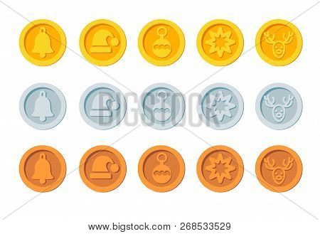 Crypto Currency Christmas Winter New Year Holiday Coins Golden, Silver And Bronze Vector Set