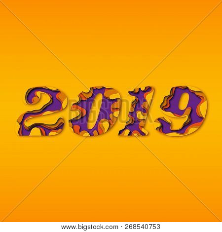 New Year 2019. Paper Cut Design In Yellow, Purple And Orange Colors. Vector File Eps10.