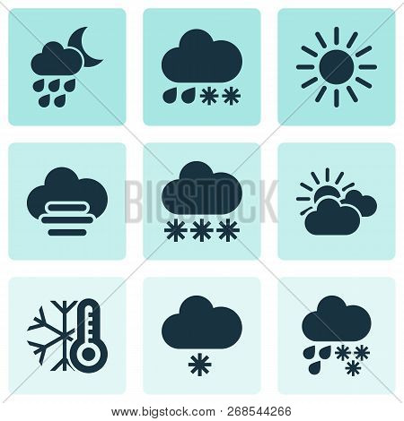 Climate Icons Set With Cold, Drizzle, Light Snow Shower And Other Hail Elements. Isolated Vector Ill