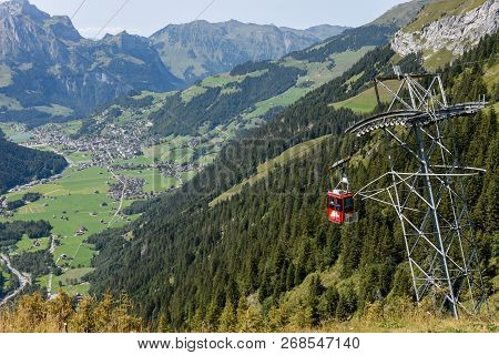 Furenalp, Switzerland - 28 August 2018: Cableway At Furenalp Over Engelberg On The Swiss Alps