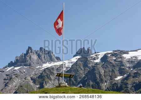 Furenalp, Switzerland - 28 August 2018: Mountain View At Furenalp Over Engelberg On The Swiss Alps