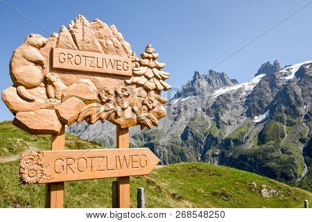 Furenalp, Switzerland - 28 August 2018: Mountain View At Furenalp Over Engelberg On The Swiss Alps