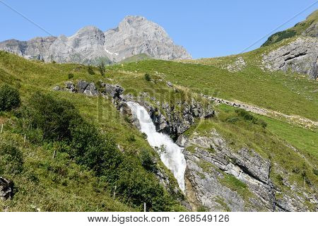 Mountain View With Waterfall At Furenalp Over Engelberg On Switzerland