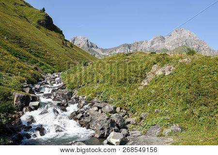 Mountain View With River At Furenalp Over Engelberg On Switzerland