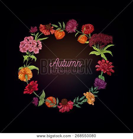 Autumn Vector Blooming Flowers Wreath On Black Background. Colored Natural Vector Illustration Hand 