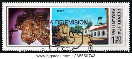 Argentina - Circa 1975: A Stamp Printed In Argentina Shows Carved Chancel And Street Scene From Juju